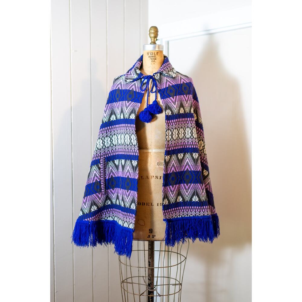 Vintage 70s Purple Aztec Woven Poncho Cape, Geometric Hippie PomPoms, One Size